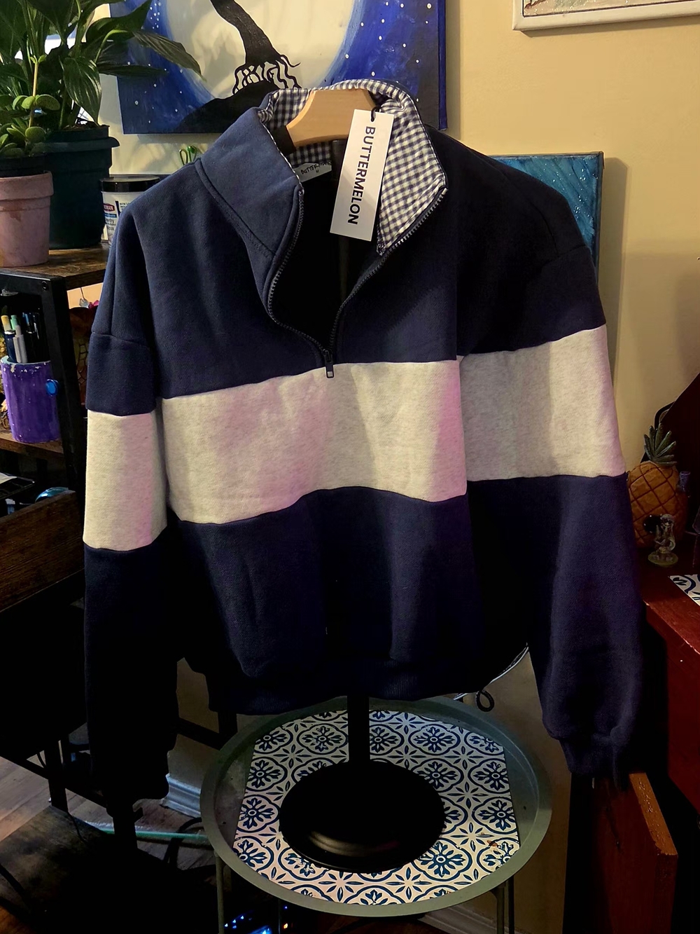 Buttermelon Womans Navy and White Quarter-Zip Stripe Sweater